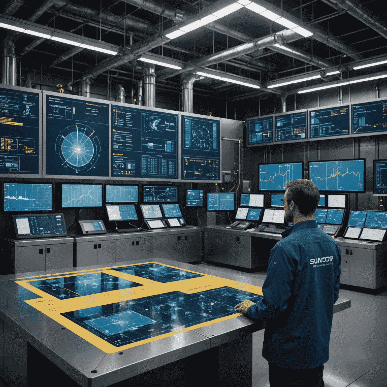 A futuristic visualization of AI integration in energy production, showing holographic displays of data analytics and robotic systems in a Suncor Energy facility