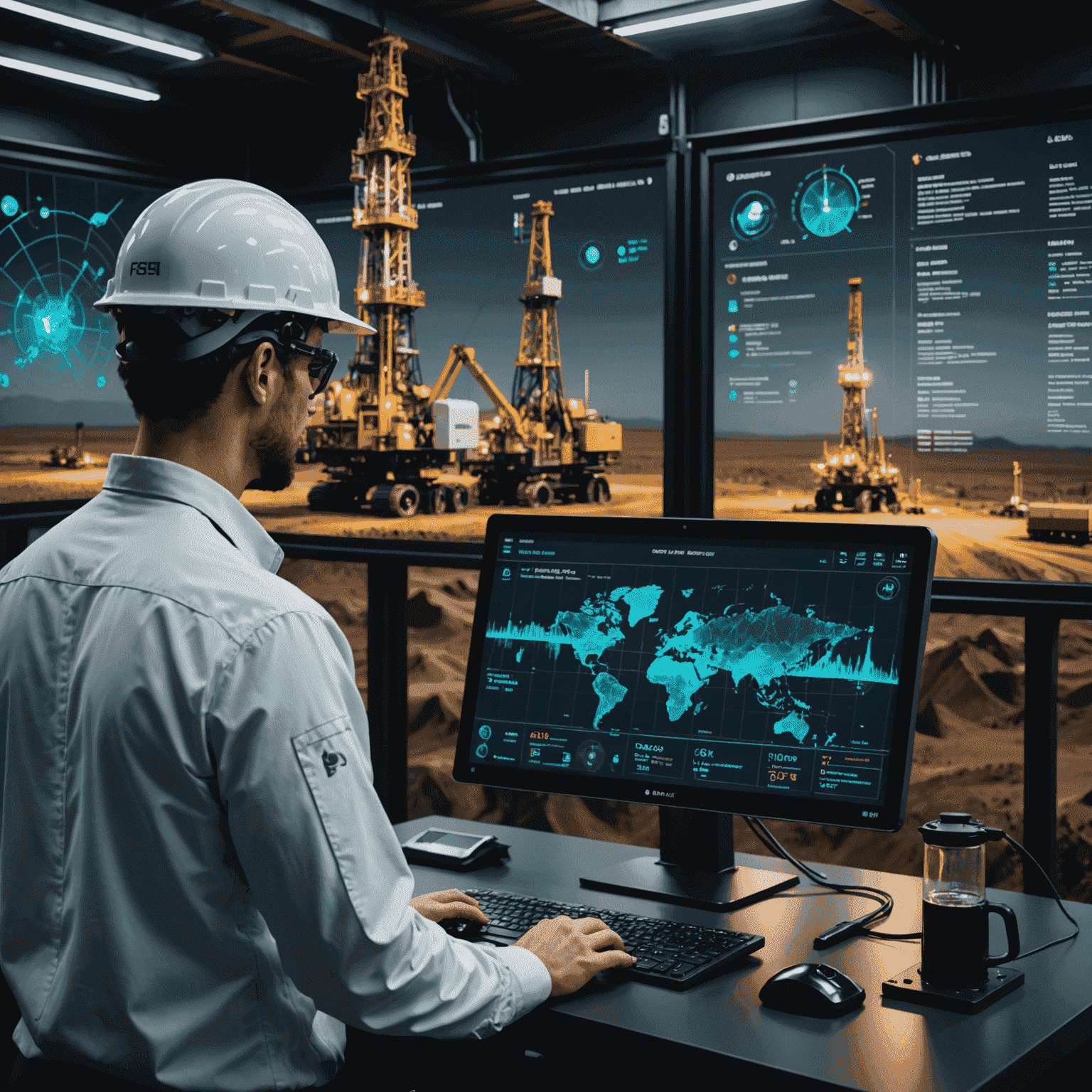 Futuristic AI system analyzing oil extraction data with holographic displays showing drilling sites and real-time optimization metrics