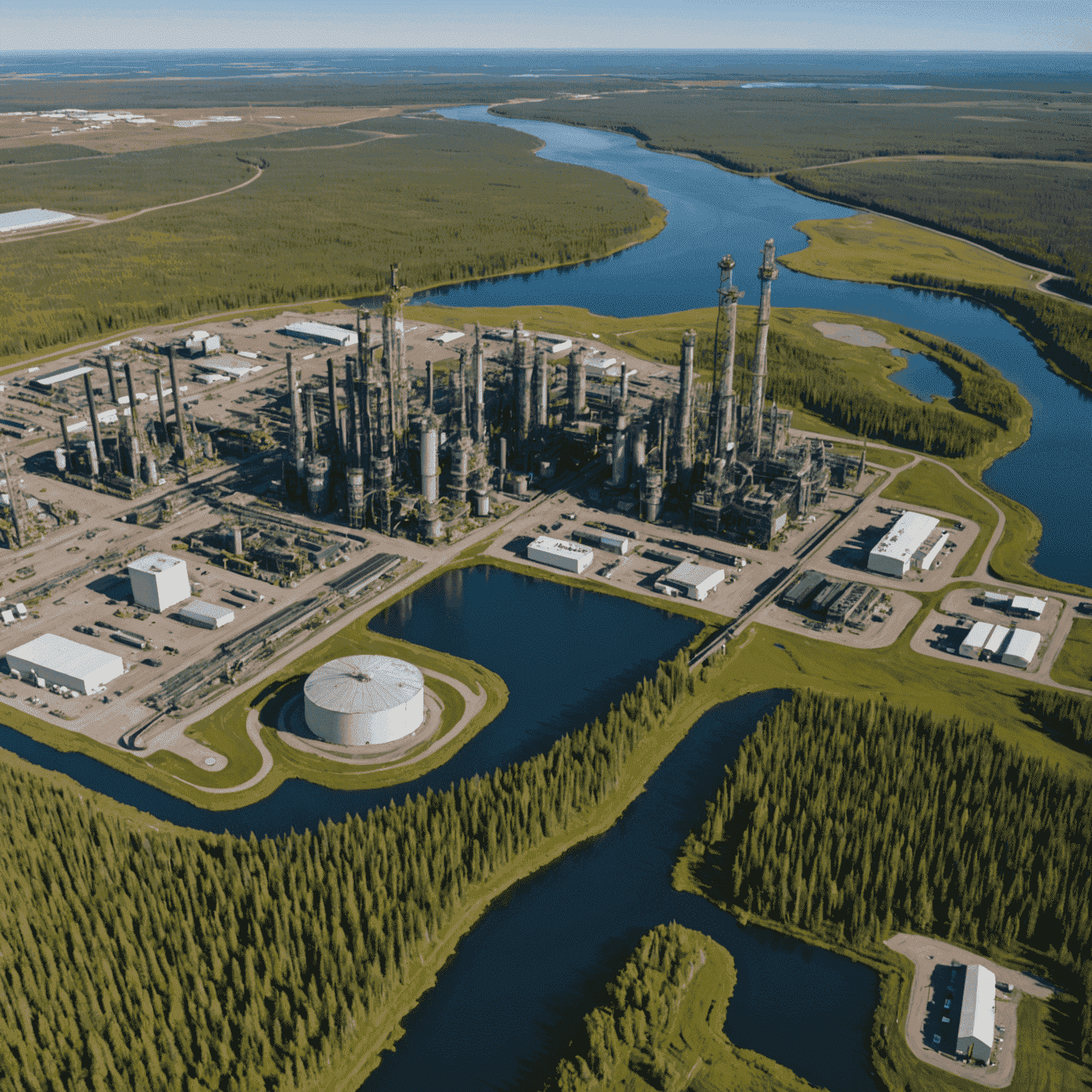 Aerial view of Suncor's Canadian operations with overlaid AI data visualization, showing environmental monitoring zones and real-time data feeds