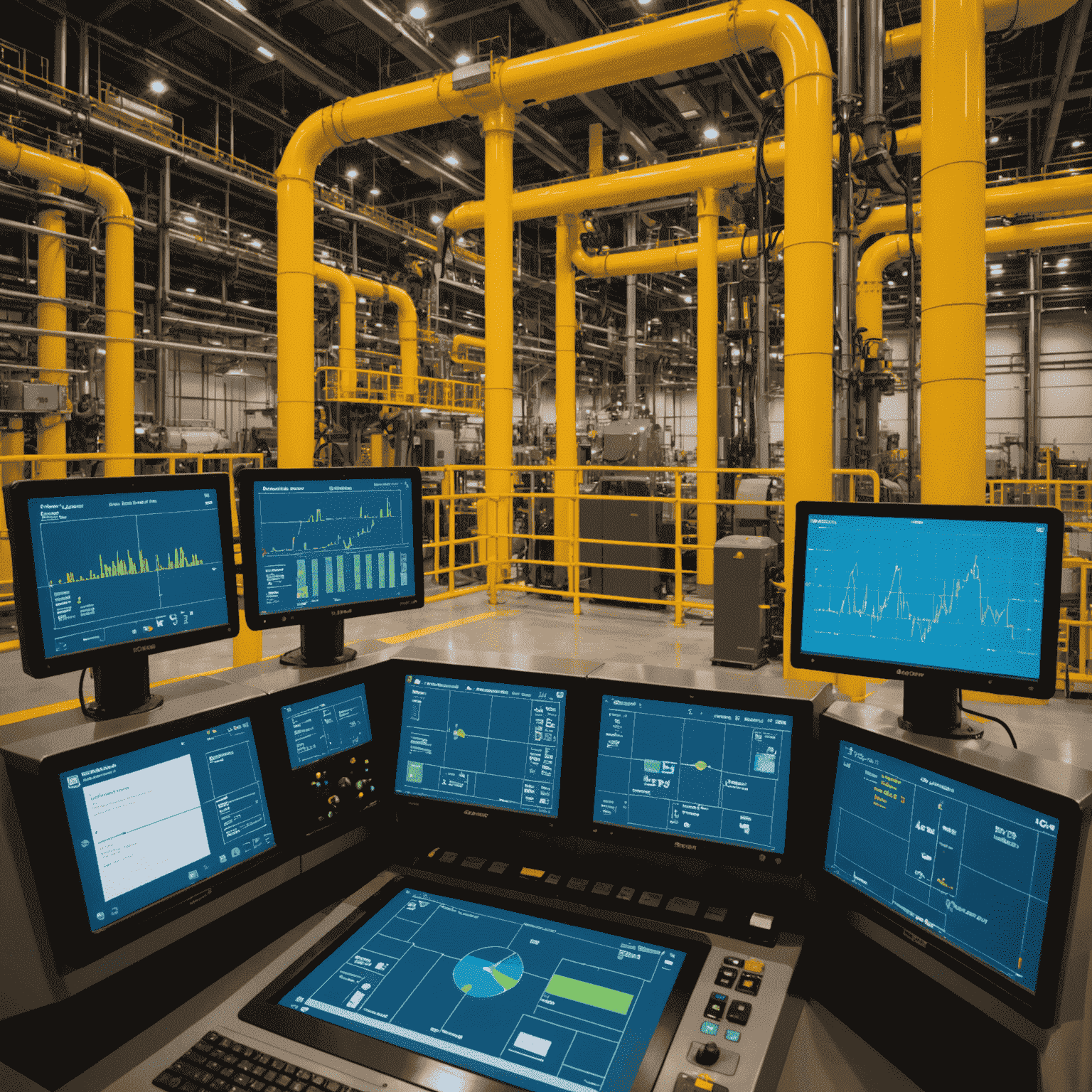 Visualization of AI-driven safety systems in a Suncor Energy facility, showing holographic interfaces, real-time monitoring, and predictive analytics dashboards