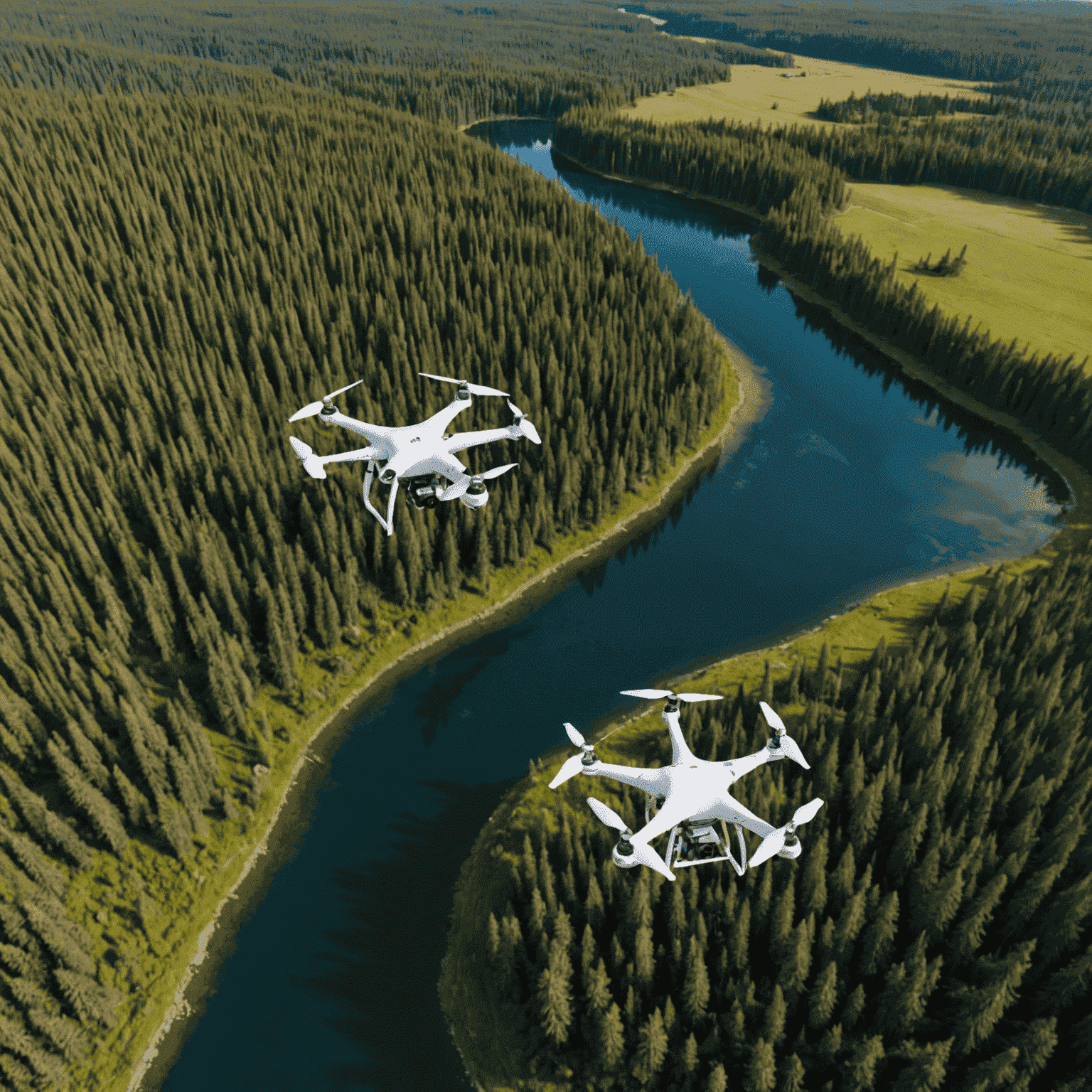 AI-powered drones and sensors monitoring Canadian landscapes, with real-time data visualization of environmental parameters