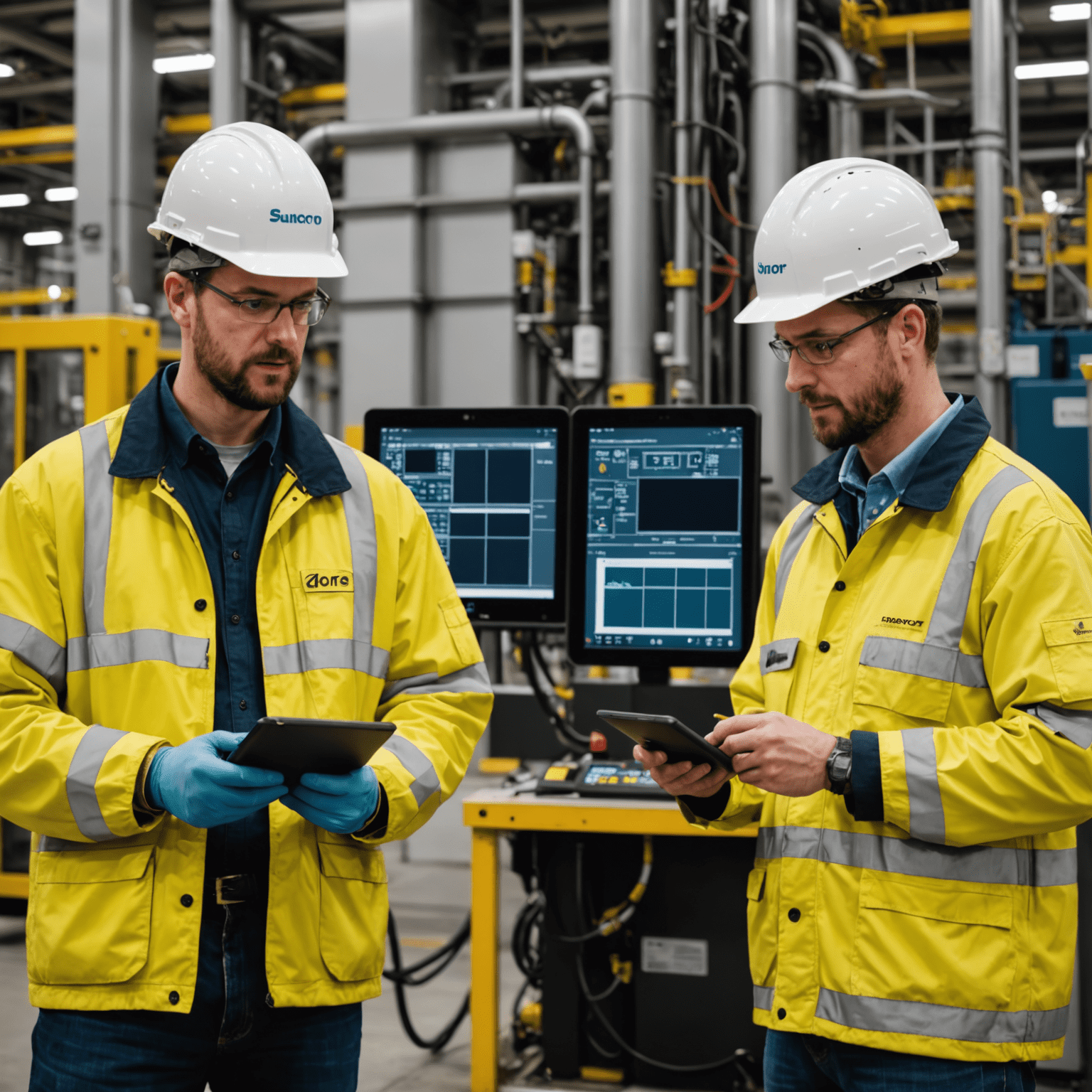 A split-screen image showing Suncor's maintenance before and after AI implementation. The 'before' side shows traditional manual inspections, while the 'after' side displays technicians using tablets with AI-powered diagnostic tools in a modern, clean facility.