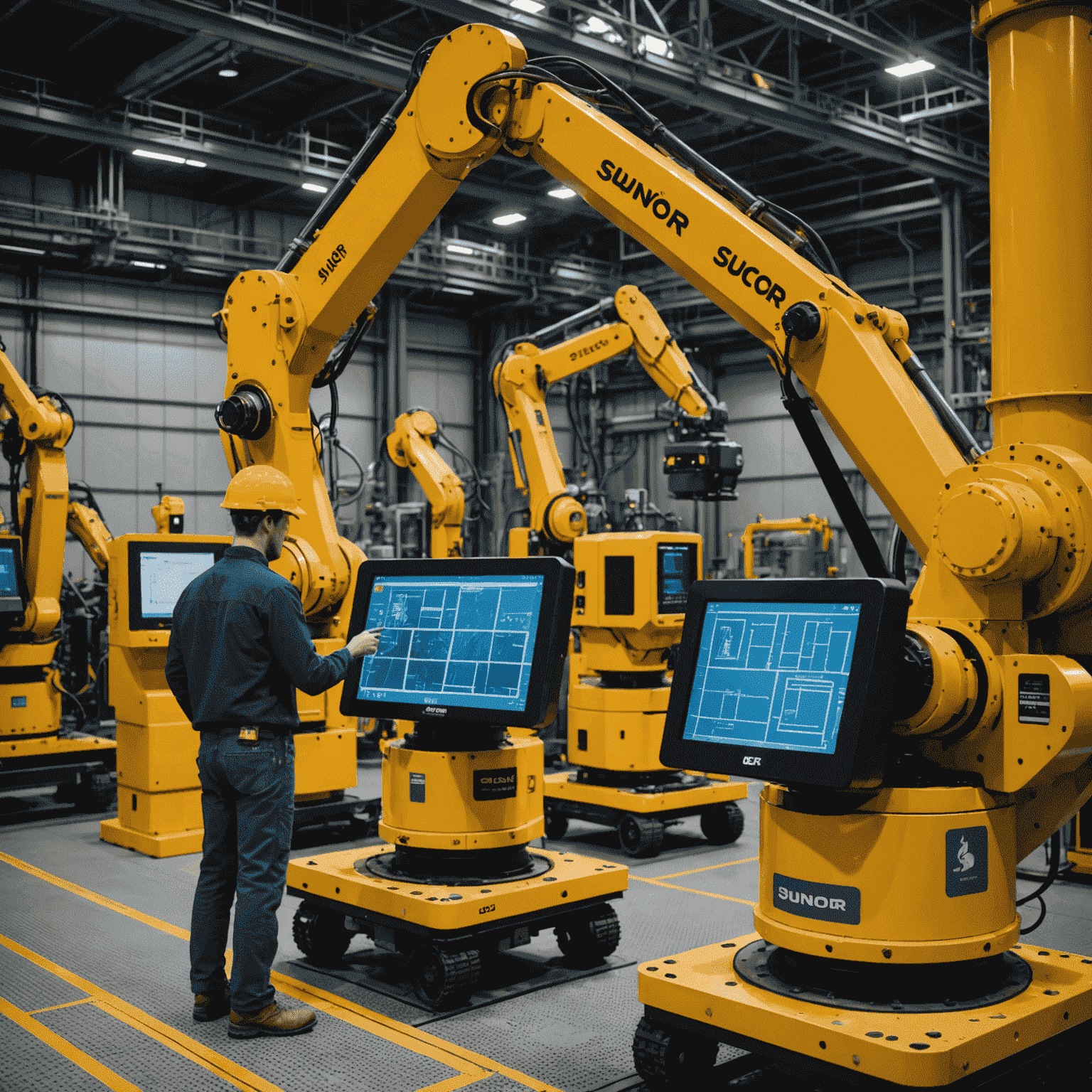 A 3D holographic display of Suncor's equipment with AI highlighting potential failure points. Maintenance robots are shown working on machinery guided by predictive AI algorithms.